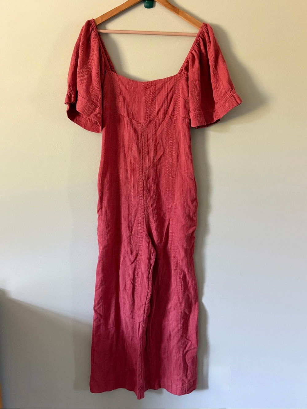 Free People Coral Red Wide-Leg Jumpsuit with Flutter Sleeves